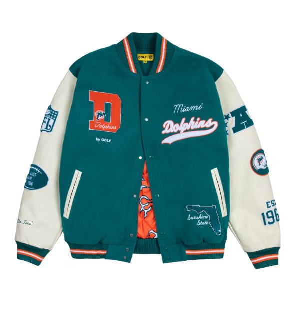 Men's Miami Dolphins GOLF WANG Aqua Letterman Full-Snap Jacket