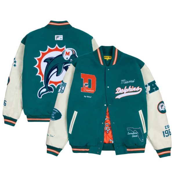 Men's Miami Dolphins GOLF WANG Aqua Letterman Jacket