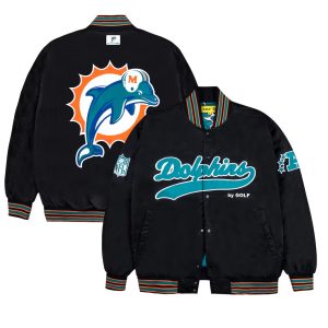 Men's Miami Dolphins GOLF WANG Black Satin Bomber Jacket