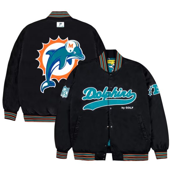 Men's Miami Dolphins GOLF WANG Black Satin Bomber Jacket