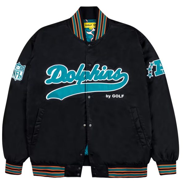 Men's Miami Dolphins GOLF WANG Black Satin Full-Snap Bomber Jacket