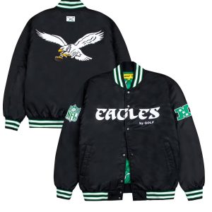 Men's Philadelphia Eagles GOLF WANG Black Satin Bomber Jacket