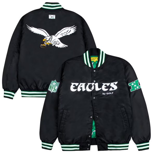 Men's Philadelphia Eagles GOLF WANG Black Satin Bomber Jacket