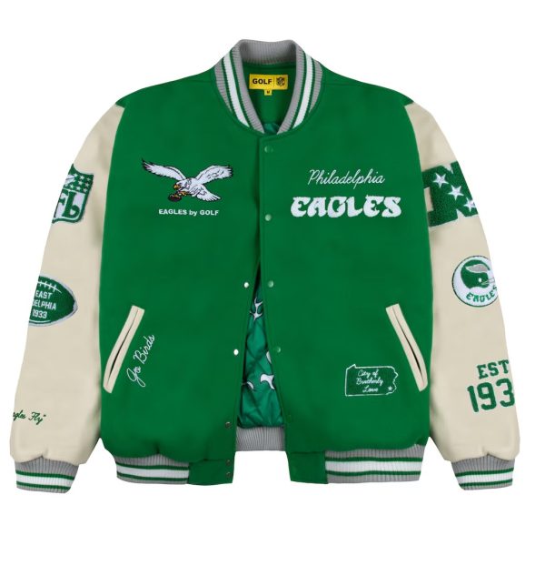 Men's Philadelphia Eagles GOLF WANG Kelly Green Letterman Full-Snap Jacket