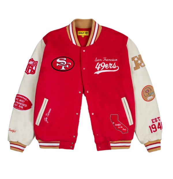 Men's San Francisco 49ers GOLF WANG Scarlet Letterman Full-Snap Jacket