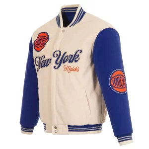 NY Knicks Cream and Royal Blue Varsity Jacket