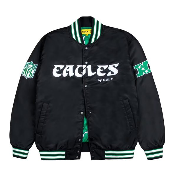 Philadelphia Eagles GOLF WANG Black Satin Bomber Jacket