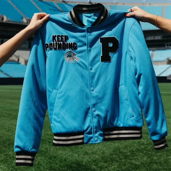 Women's Girl Tribe Co. Blue Carolina Panthers Varsity Full-Snap Bomber Jacket