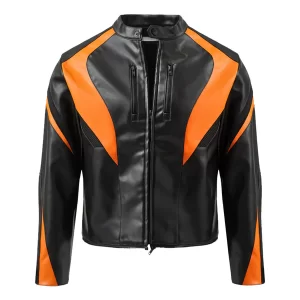 Black And Orange Cropped Biker Real Leather Jacket