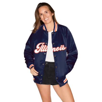 Illinois Fighting Illini Blue Satin Letterman Bomber Jacket