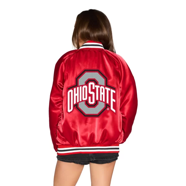 Ohio State OSU Buckeyes Red Satin Letterman Bomber Jacket