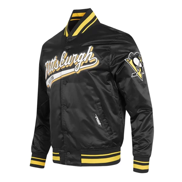 Pittsburgh Penguins Script Tail Black Satin Varsity Jacket