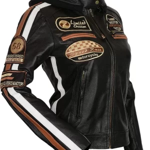 Womens Badges Cafe Racer Hooded Vintage Retro Motorcycle Leather Jacket