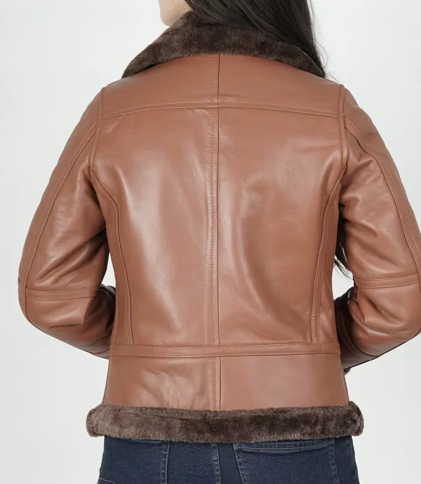 Womens Shearling Lined B3 Cognac Brown Bomber Jacket