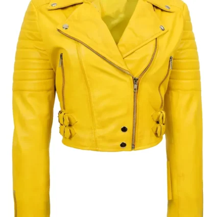 Buy Women’s Fitted Cropped Yellow Faux Leather Jacket