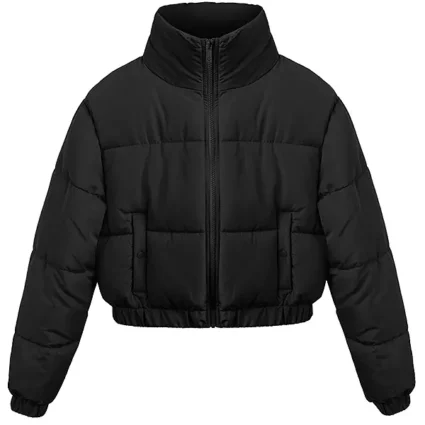 Casual Style Cropped Black Puffer Jacket