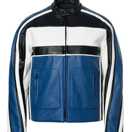 Get Men’s Blue Faux Leather Racing Biker Jacket