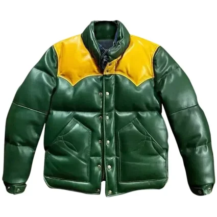Men Classic Green and Yellow Leather Puffer Jacket