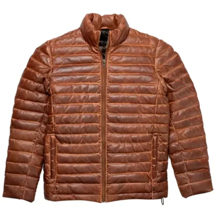 Men Distressed Brown Leather Puffer Jacket
