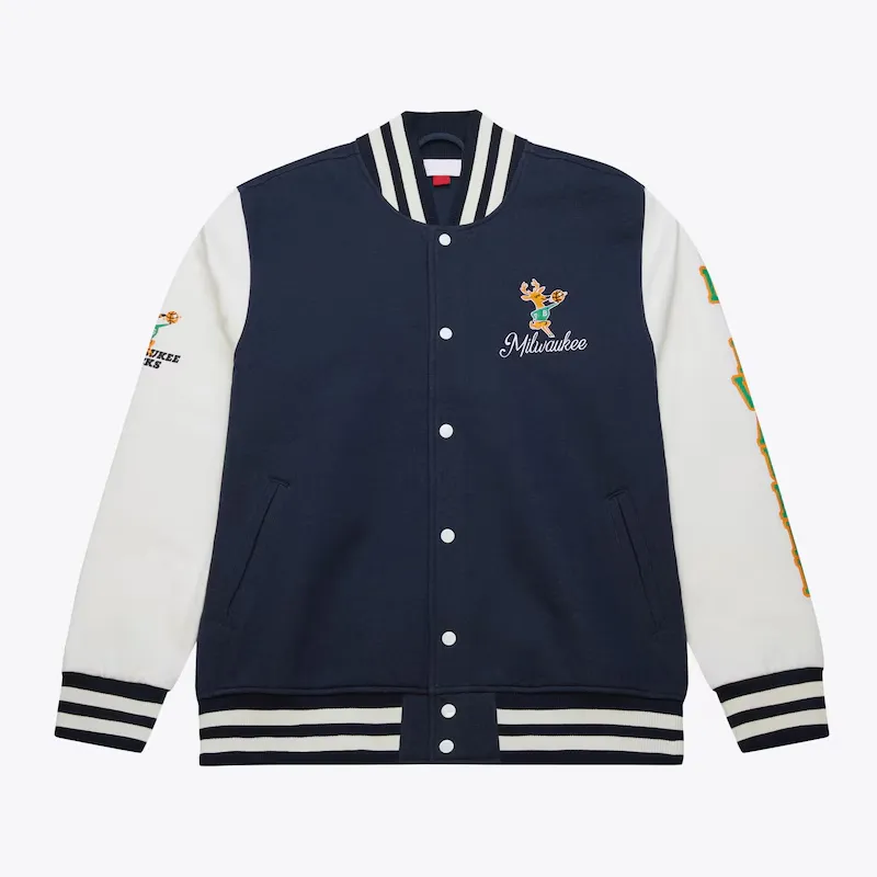 Milwaukee Bucks Navy Blue and White Fleece Varsity Jacket