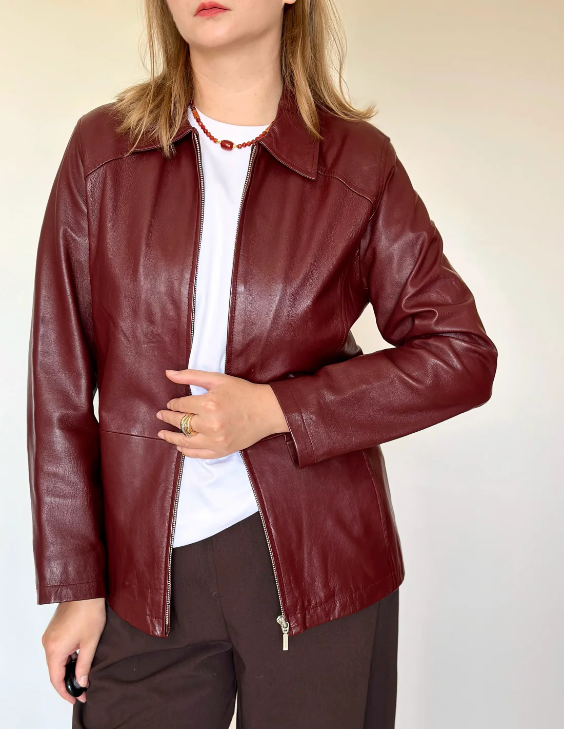 Trendy Vintage Burgundy Leather Zip Jacket