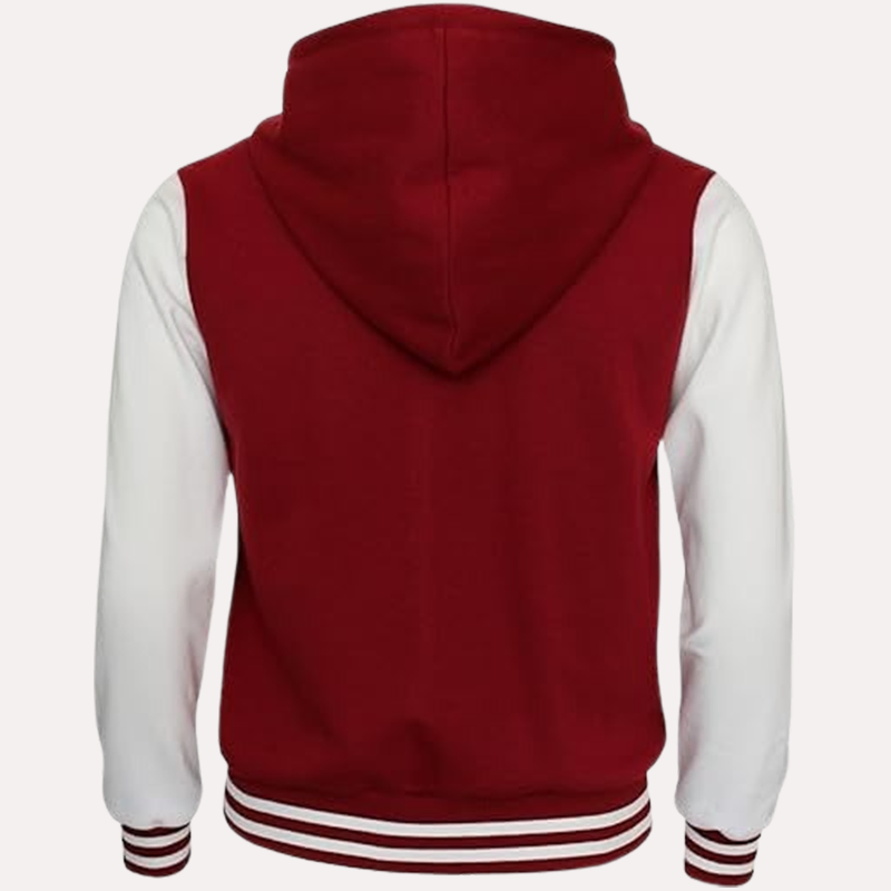 Womens Baseball Style Red and White Hooded Varsity Jacket