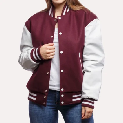 Womens Maroon and White Leather Sleeves Varsity Jacket