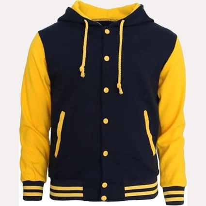 Womens Navy Blue and Yellow Hooded Varsity Jacket