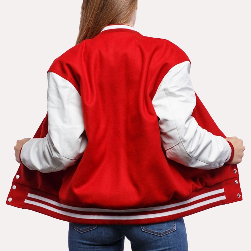 Womens Red & White Leather Sleeves Varsity Jacket