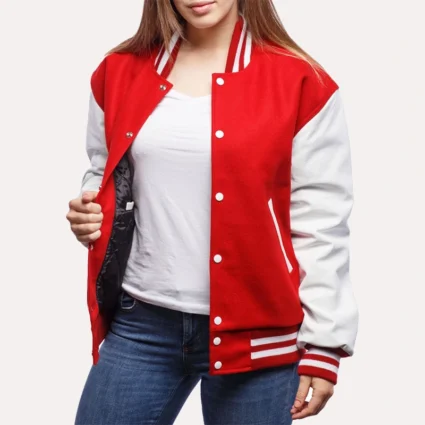 Womens Red and White Leather Sleeves Varsity Jacket