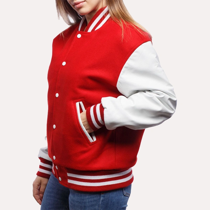 Womens Red and White Wool and Leather Sleeves Varsity Jacket