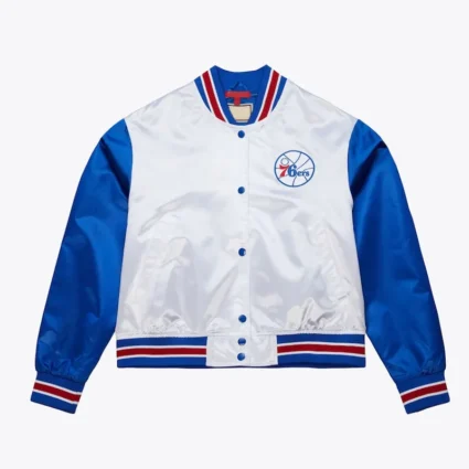 Women’s Philadelphia 76ers Cropped White and Blue Satin Jacket