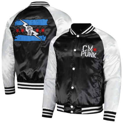 Mens Black CM Punk Logo Full-Snap Raglan Satin Jacket
