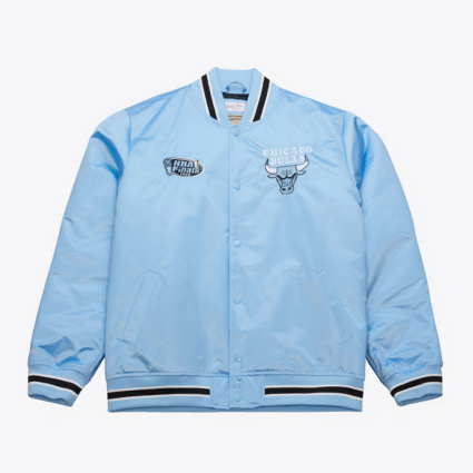 Mens Light Blue Chicago Bulls Hardwood Classics Throw Down Varsity Jacket