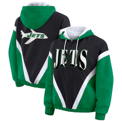 New York Jets WEAR by Erin Andrews Kelly Green Black Retro Crinkle Hoodie