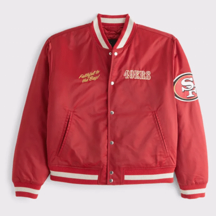 Red NFL San Francisco 49ers Varsity Bomber Satin Jacket