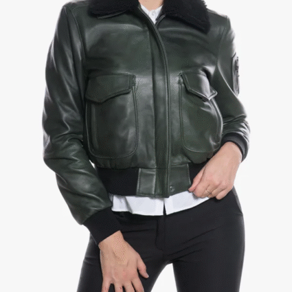 Womens Pilot Green Sheepskin Collar Jacket