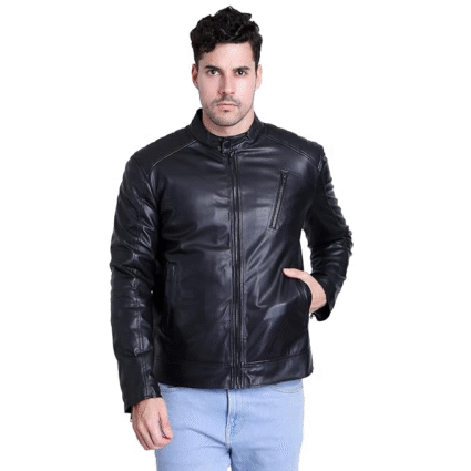 Band Collar Leather Jacket