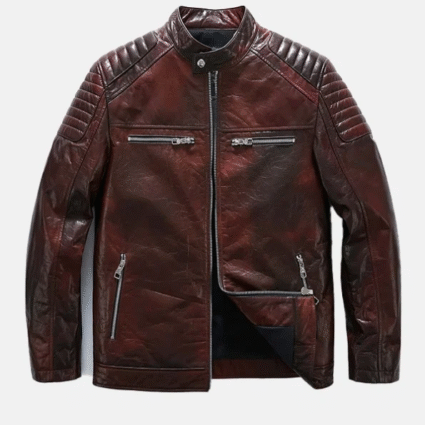 Mens Reddish Brown Café Racer Leather Moto Jacket
