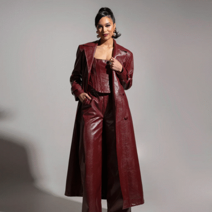 Ono Faux Leather Trenchs Jacket In Burgundy