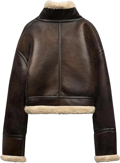 Women’s Distressed Brown Shearling Faux Fur Lined Leather Jacket - Image 4