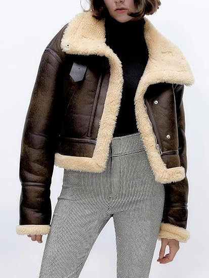 Women’s Distressed Brown Shearling Faux Fur Lined Leather Jacket - Image 2