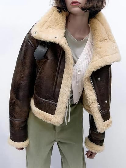 Women’s Distressed Brown Shearling Faux Fur Lined Leather Jacket - Image 3