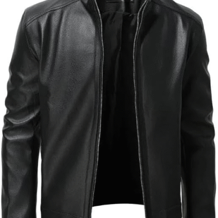 Black Stand-Up Collar Leather Jacket