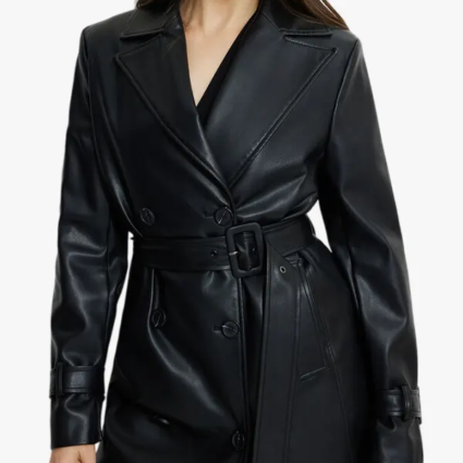 Military Faux Leather Trench Coat