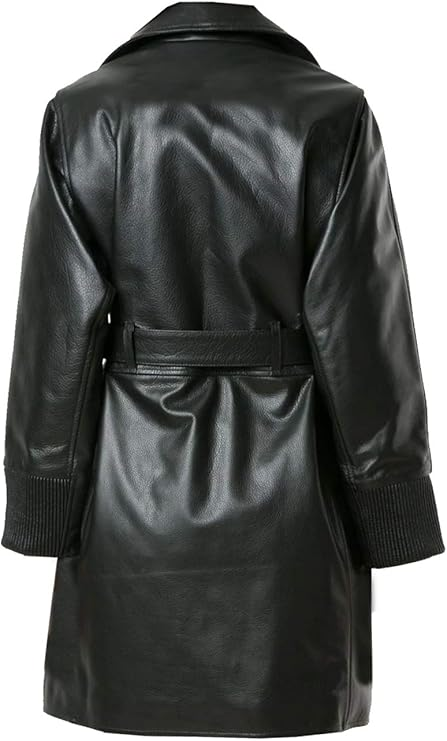 Womens Adjustable Waist Belt Genuine Trench Leather Jacket - Image 3