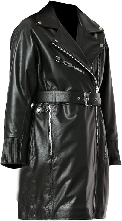 Womens Adjustable Waist Belt Genuine Trench Leather Jacket - Image 2