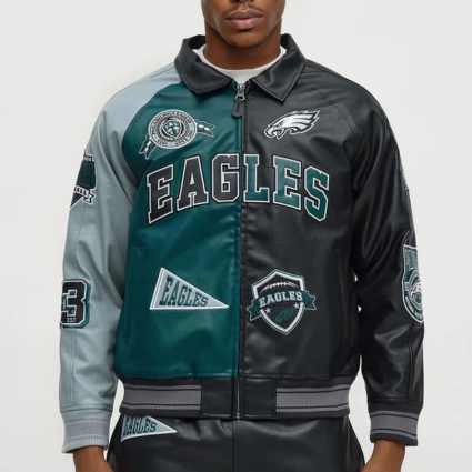 Eagles Marquee Star Faux Patent Leather Long Sleeve Varsity Jacket Green