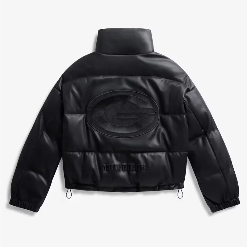 Green Bay Packers Off Season Black Leather Puffer Jacket - Image 3
