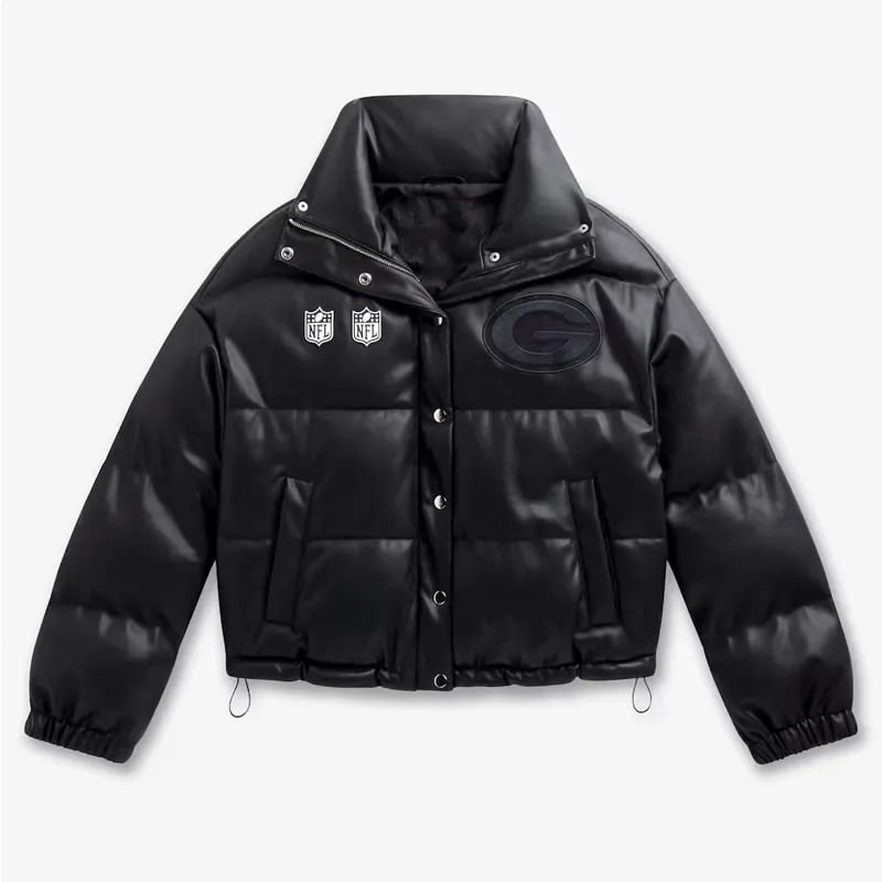 Green Bay Packers Off Season Black Leather Puffer Jacket - Image 2